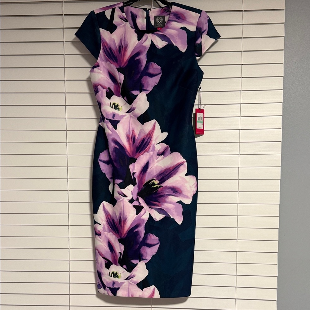Vince Camuto Navy Sheath Dress with Pink & Purple Floral Print
